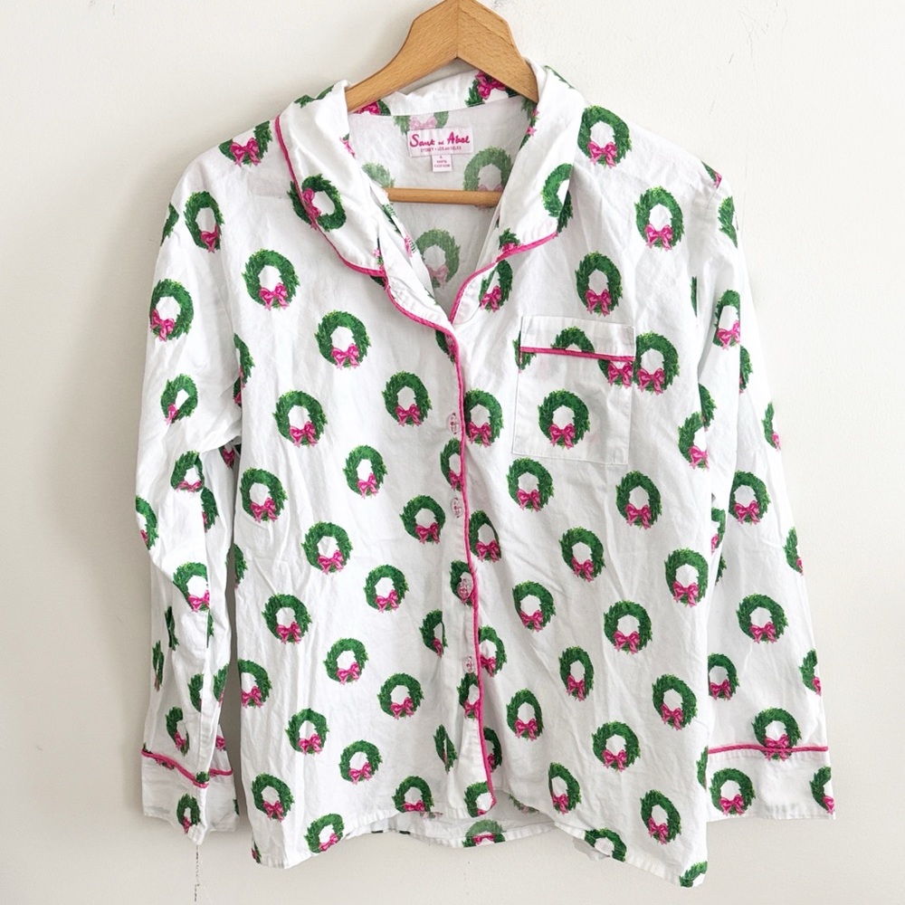 Sant and Abel Pink & Green Christmas Wreath Cotton Holiday Pajama top size Large
